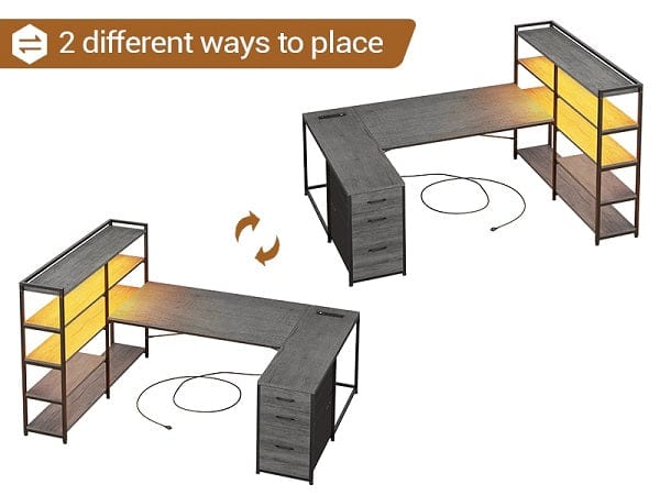 SIKAIC 64.5 Inches Reversible U Shaped LED Gaming Desk Grey with Storage Drawers Open Shelves Dual Monitor Mount RGB Light Durable Home Office Setup