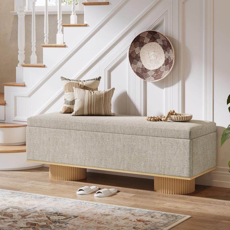 LITTLE TREE 50.39" Storage Bench with Padded Seat Cushion, Upholstered Shoe Bench with Flip Up Storage for Bedroom, Living Room, Entryway, Load up to 330 lb, Beige + Wood Color LITTLE TREE 50.39" Storage Bench with Padded Seat Cushion, Upholstered Shoe Bench with Flip Up Storage for Bedroom, Living Room, Entryway, Load up to 330 lb, Beige + Wood Color