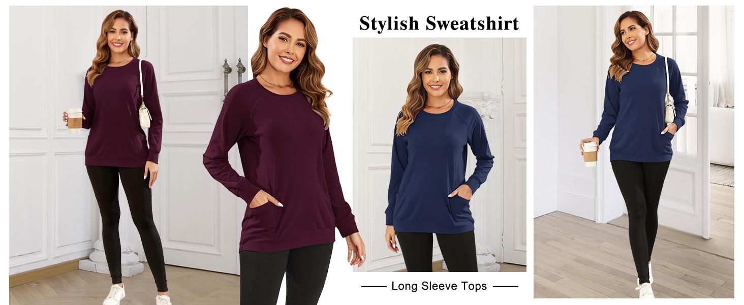 AUSELILY Women's Long-Sleeve Lightweight Sweatshirt with Side Pockets Womenswear Tops Extra Length Pullover