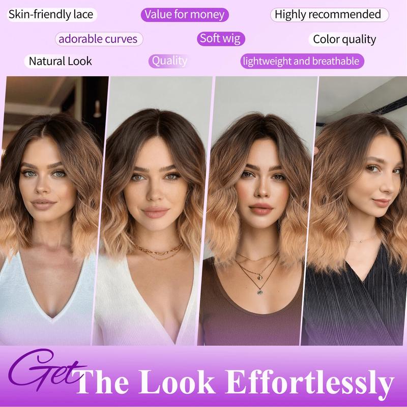 [AISI HAIR]Short Wavy Wig for Women Ombre Brown Lace Hairline Wig Bob Style Synthetic Heat Resistant - Natural Appearance for Everyday Hairstyle 14 Inch