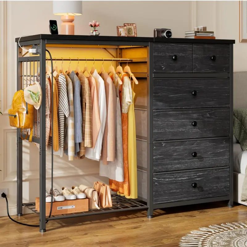 49.2" Wide Multifunctional Dresser | Features LED Lights, USB Charging, Hanging Rack & 6 Fabric Drawers with Wood Top | White Storage Tower for Bedroom