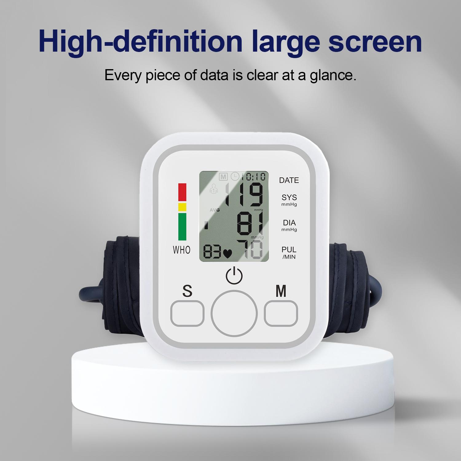 Arm Blood Pressure Monitor - LCD Display, Adjustable Cuff, 99x2 Memory Sets, Digital BP Machine for Home Use, Battery not included