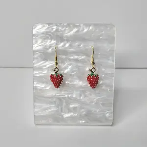 #243 Small Strawberry with Green Leaves & Gold Stem Earrings, Casual Fruit Food Summer Jewelry