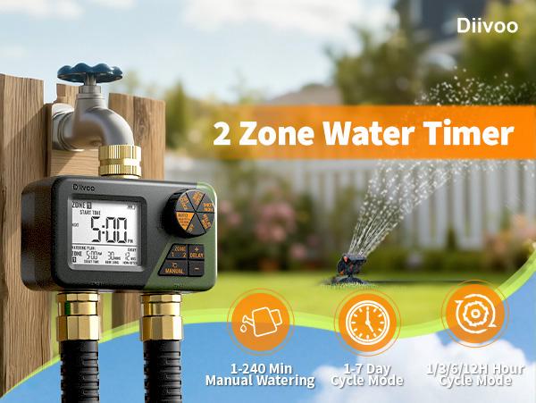 Diivoo Brass Sprinkler Timer 2 Zone, IP67 Waterproof Programmable Water Hose Timer 2 Outlet with Large Display, Rain Delay & Manual Watering for Outdoor Automatic Irrigation of Garden, Lawn, Yard Diivoo Brass Sprinkler Timer 2 Zone, IP67 Waterproof Programmable Water Hose Timer 2 Outlet with Large Display, Rain Delay & Manual Watering for Outdoor Automatic Irrigation of Garden, Lawn, Yard