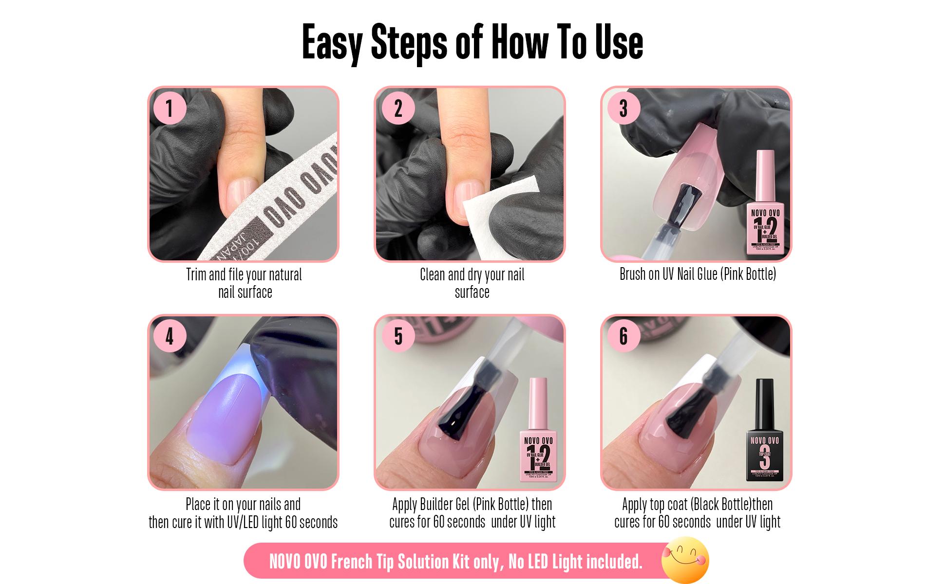 NOVO OVO UV Nail Glue and Builder Gel 2 in 1, No Wipe Top Coat Kit for Predesigned French Tip Nail Tips, HEMA TPO FREE, Super Strong Adhesive for Press on Acrylic Nails, Long Lasting, Easy to Use