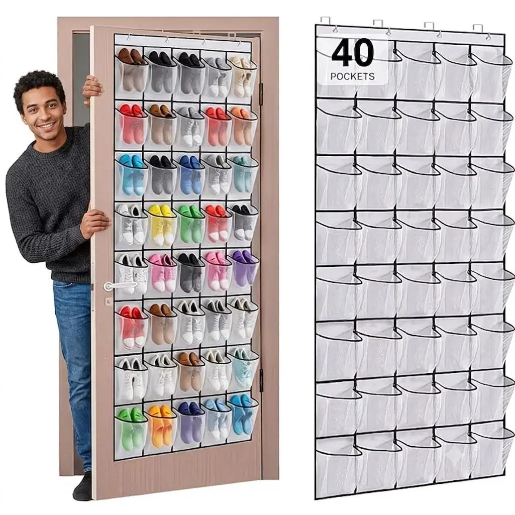 40-Pocket Over the Door Shoe Organizer, Large Breathable Mesh Fabric Closet Organizers, Hangable Door Storage Hanging Rack with Nonslip Hooks for Women/Men Entryway Bedroom