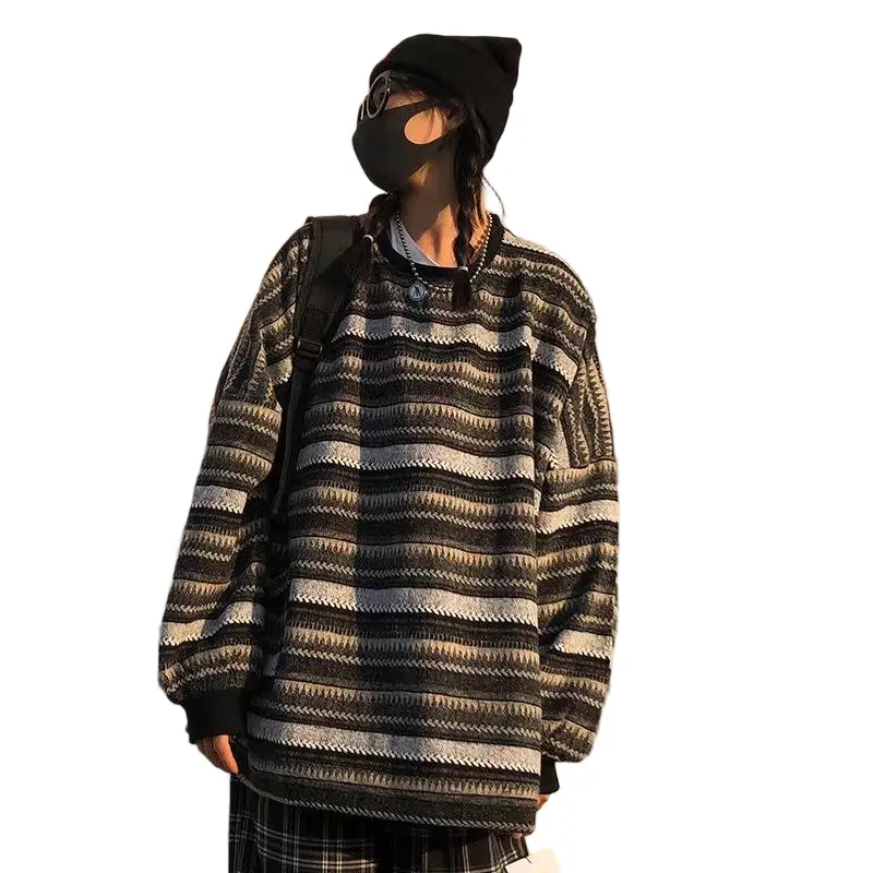 Plus Size Women's Vintage Striped Sweater, Oversized Long Sleeve Round Neck Knit Pullover, Baggy Woolen Top for Autumn Fashion, Longsleeves, Retro Vibe, Style, Knitwear, Fit, Casual, Loose, Comfortable, Retro Style, Striped Pattern, 2Xl, 4Xl, 3Xl