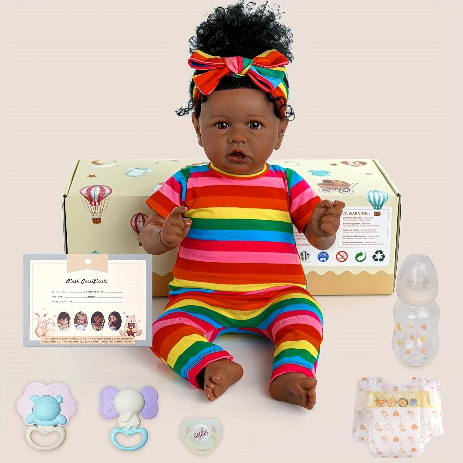 BABESIDE 20 "8 piece set of cloth body + vinyl dark skin non gender Reborn doll with gift box and feeding accessories suitable for Christmas New Year birthday gift