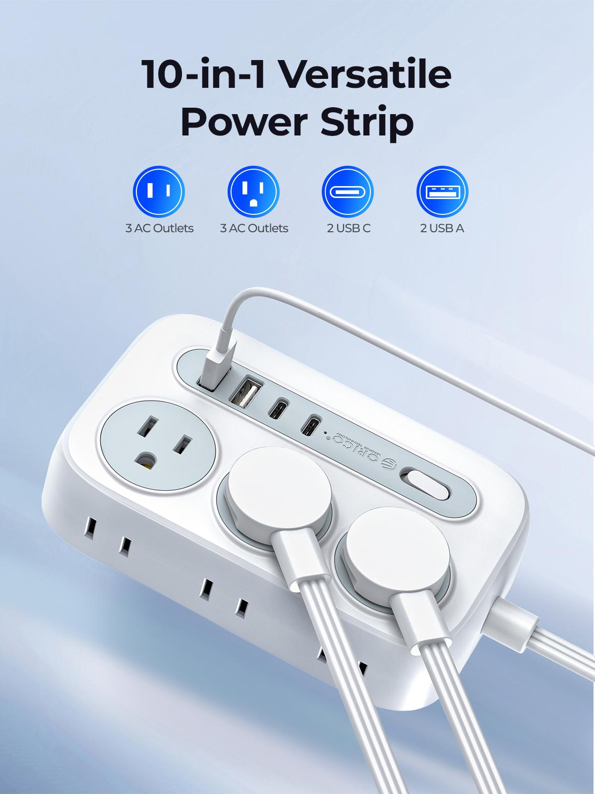 ORICO OG Series 10-in-1 Power Strip 6 AC Outlets 2 USB-A & 2 USB-C Ports Compact Surge Protector with Multiple Outlets for Home Office & Travel 1.5m/3m International Warranty Socket Adapters Plug Splitter-OG