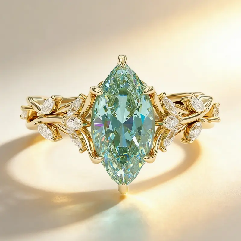 FashionAossio Gold Leaf Design Dreamy Blue Marquise Fairy Ring