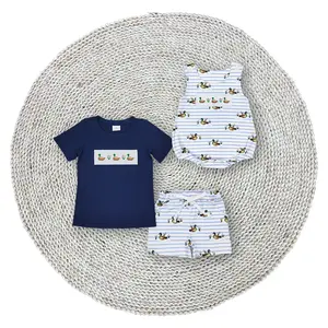Boys Kids Baby Navy Blue Mallard Ducks Embroidery Short Sleeve Hunting Shirt Stripes Shorts Outfits Sets Matching Bubble Rompers