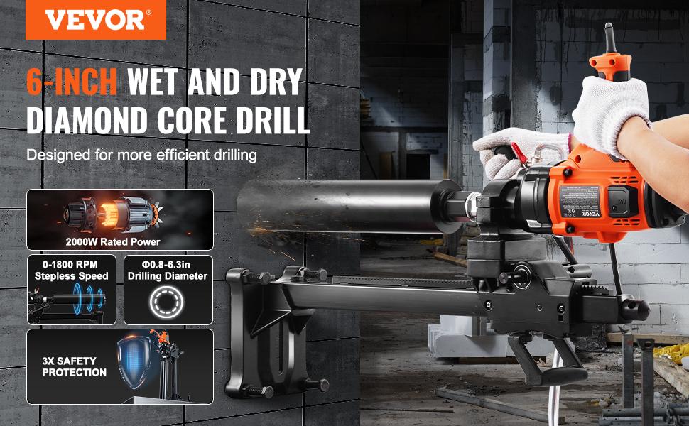 VEVOR Diamond Core Drill Machine,  0.8-6.3in Drilling Diameter Handheld Diamond Core Drill Rig with Stand and Core Drill Bit, 2000W Rugged Concrete Core Drill, Wet and Dry Use, For Concrete,