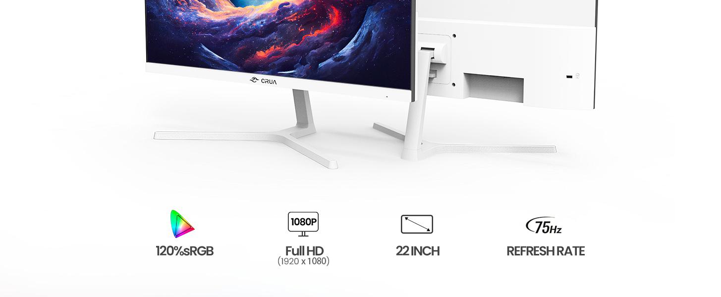 CRUA 22 Inch Computer Monitor,FHD 1080P/75Hz,120 sRGB,Low Blue Light,Wall Mountable,VGA & HDMI-White