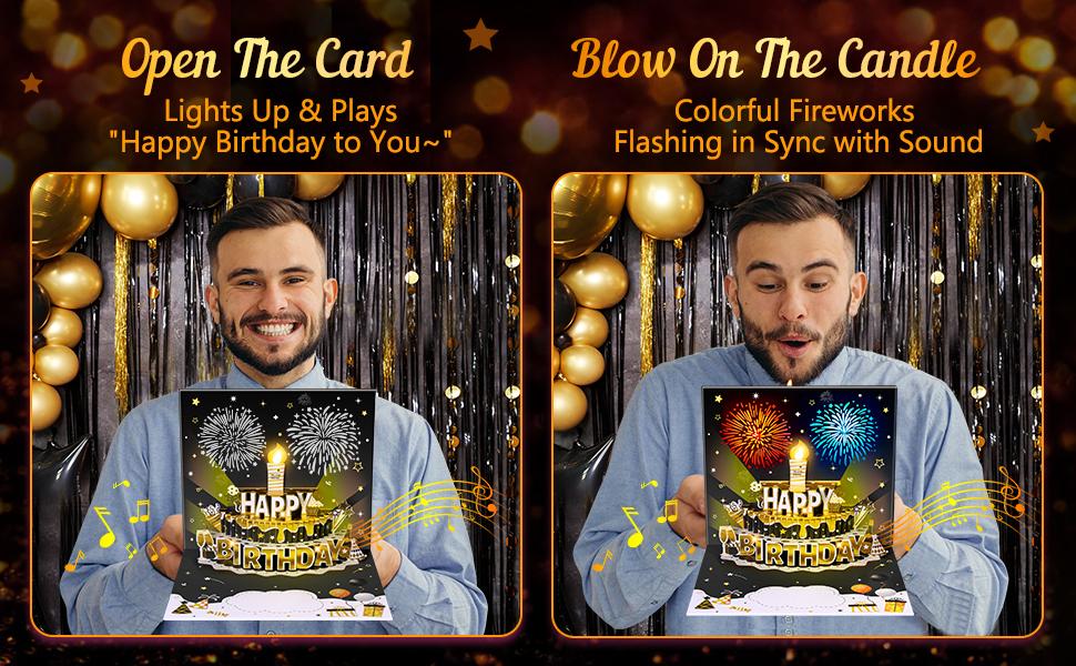 INPHER DIY Age Birthday Cards Fireworks Pop Up Cake Light and Music Black and Gold Happy Birthday Card Gift for Husband, Men, Women, Mom, Grandma
