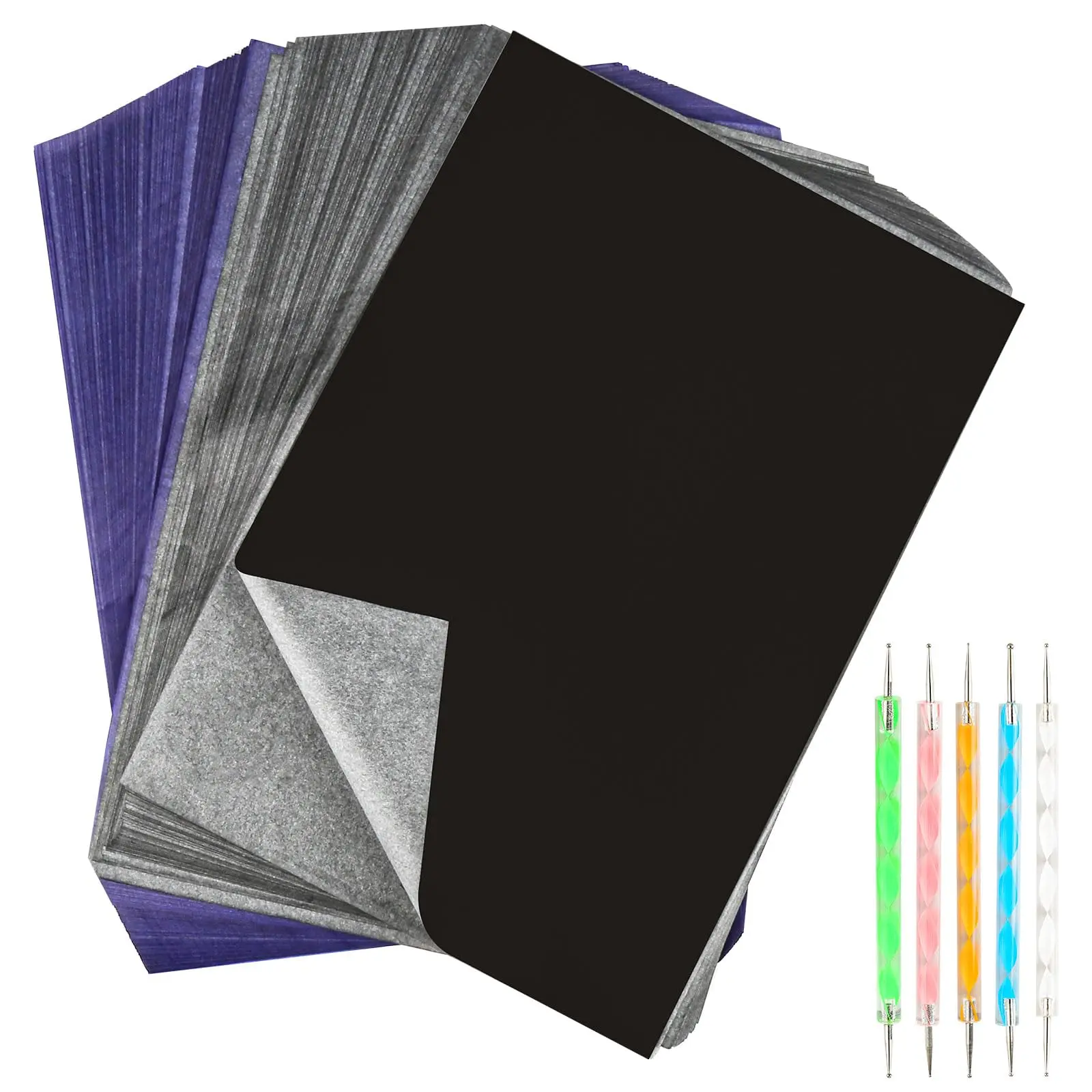 200 Sheets of Carbon Paper Set,Black/Blue A4 Transfer Paper,21 x 29.7 cm Tracing Paper with 5 Coloured Dotting Pens,Duplicate Paper for Paper,Canvas,Wood,DIY Hand Tools Kits