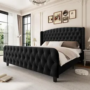 Tall King Size Bed Frame with Deep Button Tufted Wingback  design Headboard and Footboard, Velvet Upholstered Platform Bed Frame, No Box Spring Needed, Black