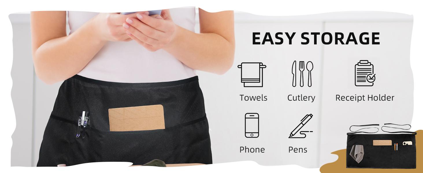 YUANBANG Waterproof Apron with 4 Deep Pockets, Adjustable Ties, 23.5'' x 11.5'' – Unisex Server Bib, Classic Fit – 1-Pack or 3-Pack, Black or Red