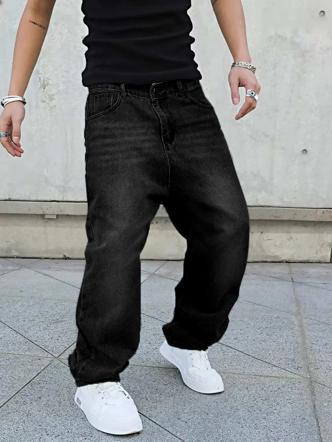 New Men's Four-Season Jeans, Fitted Casual Jean, Plain Dark Wash, Floor-Length, Button Fly, Y2K Retro Style, Gift for Husband or Boyfriend