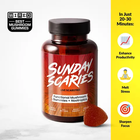 Sunday Scaries Mushroom Focus Gummies - 30 Pieces, 100mg Organic Lion's Mane & Chaga, Enhance Focus & Energy, Supplements for Productivity, Boost Brain Health, All-Natural Gummies