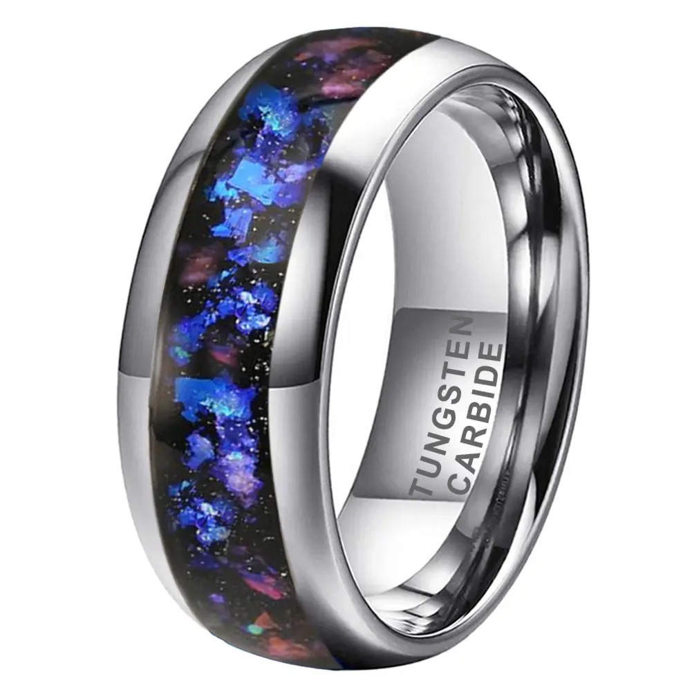 8mm Tungsten Carbide Ring for Men with Blue Galaxy Opal Inlay, Unique Wedding Band, Scratch-Resistant Comfort Fit for Daily Wear, Everyday, Scratch Res.