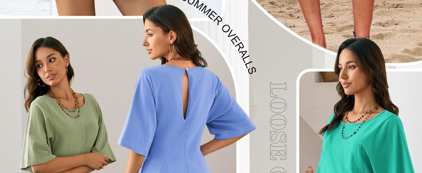 Imily Bela Rompers for Women Spring Outfits Summer Casual Short Sleeve Crew Neck Loose Jumpsuits with Pocket