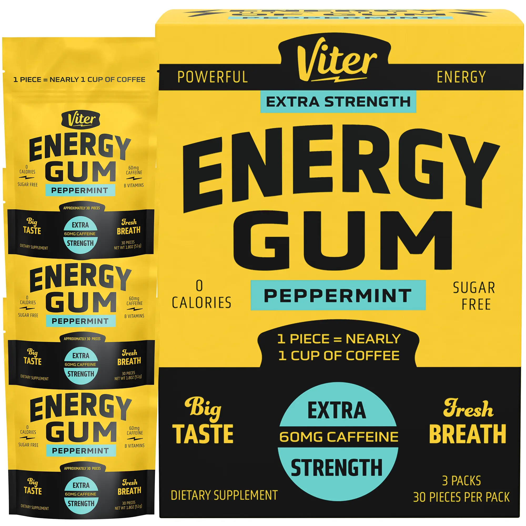 Viter Energy Caffeine Gum | 30 Piece Bags (Pack of 3)