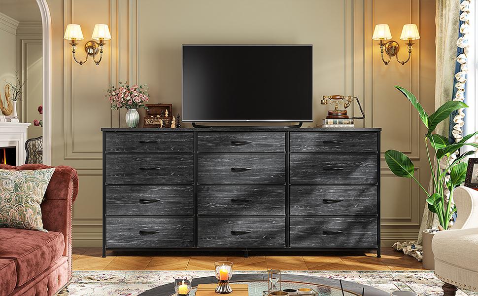 RaybeeFuniture 55" Long Dresser for Bedroom with 12 Fabric Drawers, Entertainment Center for 60 inch TV Dressers & Chests of Drawers, Large Storage Organizer for Closet, Living Room, Metal Frame, Wood Top RaybeeFuniture 55" Long Dresser for Bedroom with 12 Fabric Drawers, Entertainment Center for 60 inch TV Dressers & Chests of Drawers, Large Storage Organizer for Closet, Living Room, Metal Frame, Wood Top