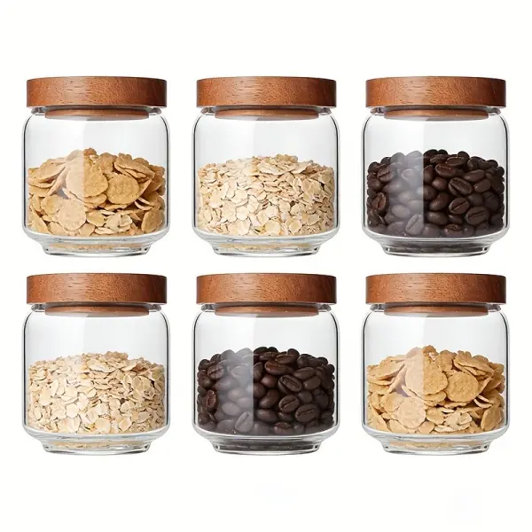 6-Piece Airtight Transparent Glass Canister Set with Wooden & Silicone Lids (450ML/15 FL OZ) - Stackable Kitchen Containers for Coffee Beans, Nuts Storage