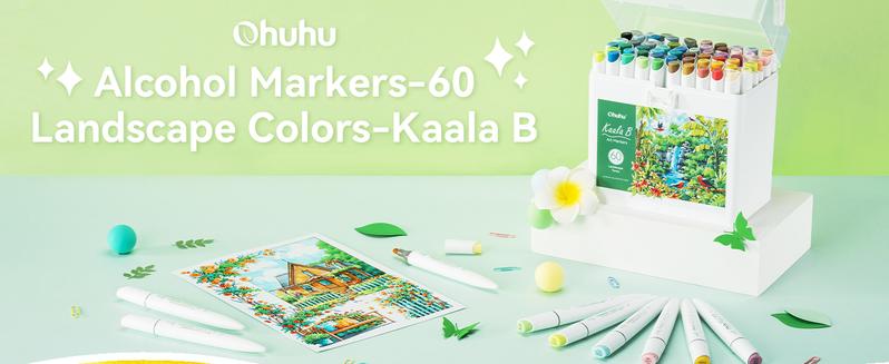 Ohuhu Alcohol Markers: Mini Brush & Slim Broad 60 Illustration Colors/60 Landscape Colors Dual Tip Brush Tip for Artists Adults Coloring Illustration- Refillable - Kaala B Series of Ohuhu