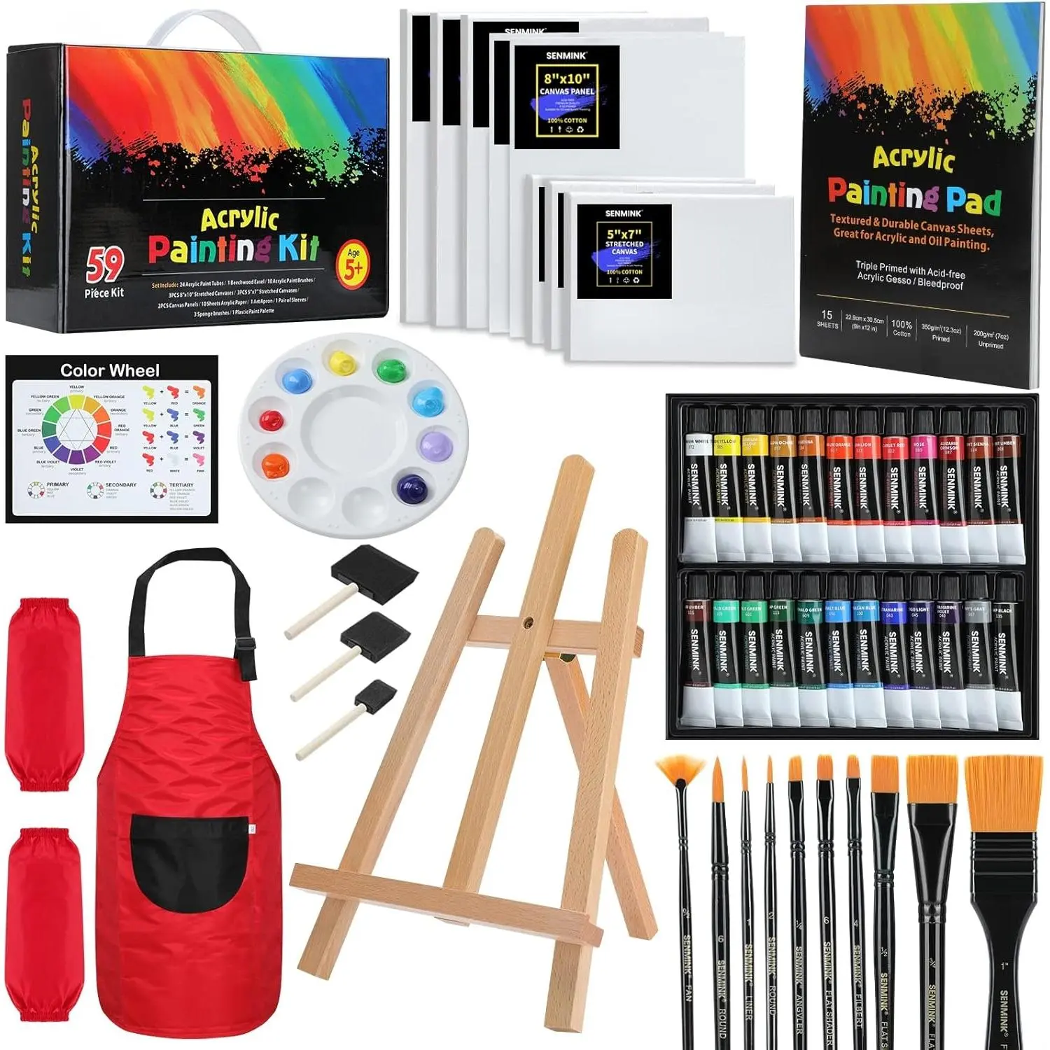 59 count   Set - Art Supplies Kit With 24  Paints, Easel, Brushes, Canvas for , Artists and Beginners
