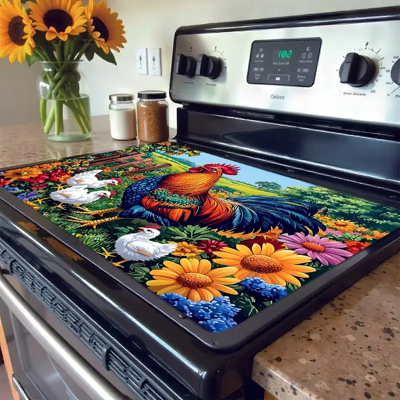 Rooster & Rural Scenery Pattern Stove Protector Mat - Kitchenware Cover, Suitable for Glass Stovetops & Washing Machines, Easy-Clean Premium Material Pad, Stylish Home Care Dust Cover Accessory