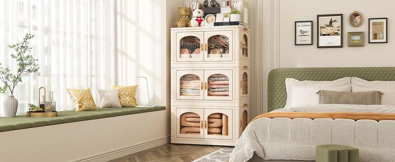 [Cozy Home Storage] Raybee 3 Tier Plastic Storage Bins with Wheels & A Lid, Stackable Collapsible Storage Box Organizer with Doors, Large Capacity Storage Bins for Kitchen, Bedroom, Bathroom, Laundry Room, Pantry & Camping—Home Organization Essentialal