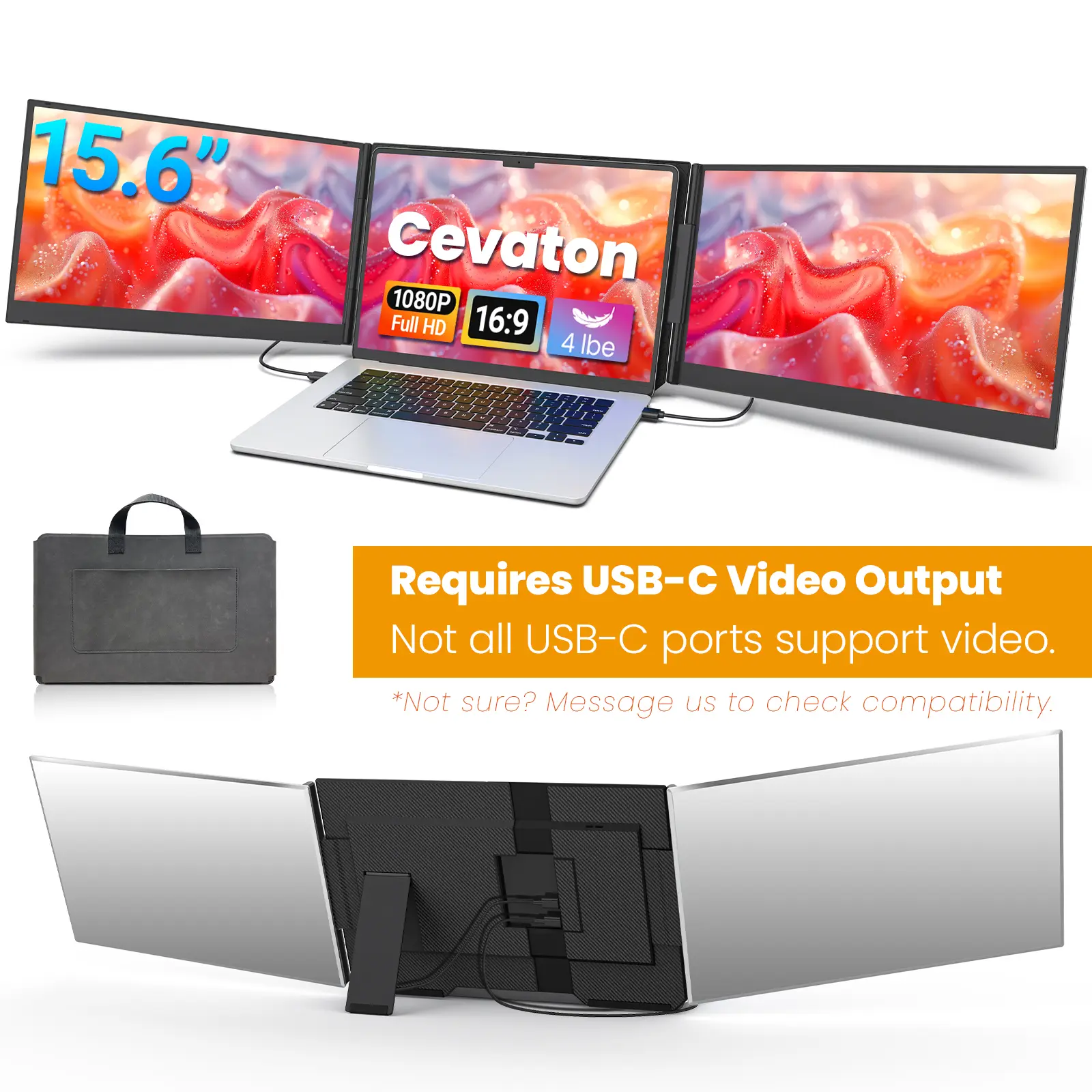 Cevaton 15.6" Plain Portable Computer Monitor, FHD 1080P IPS Panel Screen Extender for Laptops, Compatible with Windows Laptops, MacBook Pro & M4+ MacBook Air, Needs USB-C Video Output & Dual Display Support, 4 lbs, #TikTokBackToSchool