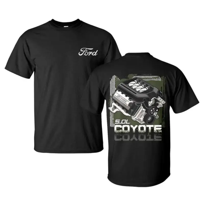 Ford 5.0L Coyote T-Shirt, High-Performance V8 Engine Graphic with Front Script Logo, Muscle Car Graphic Tee for Mustang Fans & Gearheads, Gift for Ford Racing Enthusiasts