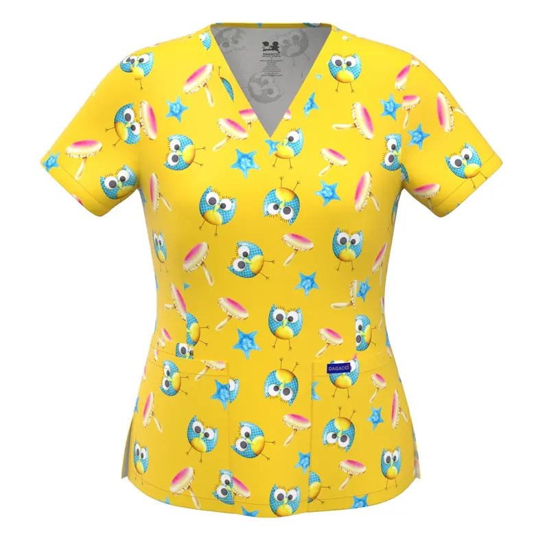 Dagacci 4-Way Stretch Printed Top - V-Neck, Moisture-Wicking, Anti-Wrinkle, 92% Polyester 8% Spandex, Machine Washable