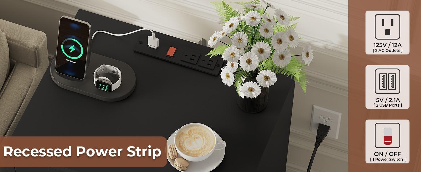 Sikaic 2PCS Nightstand With Charging Station Drawers Bedside Table