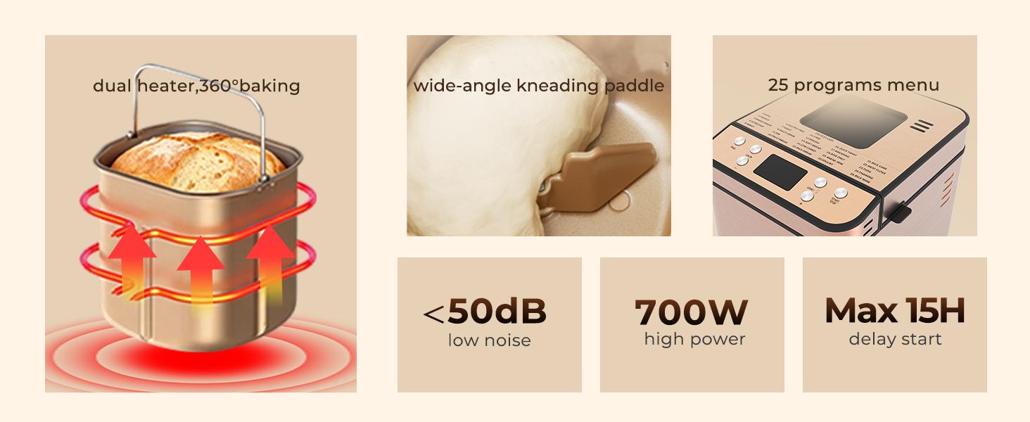 Rosewill 25-in-1 Automatic Bread Maker Machine with 3 Loaf Size up to 2LB, 700W High Power Dual Heater Bread Maker with BPA-free Nonstick Coating Pan, Max 15 Hours Delay Timer, Low Noise - Cinnamon