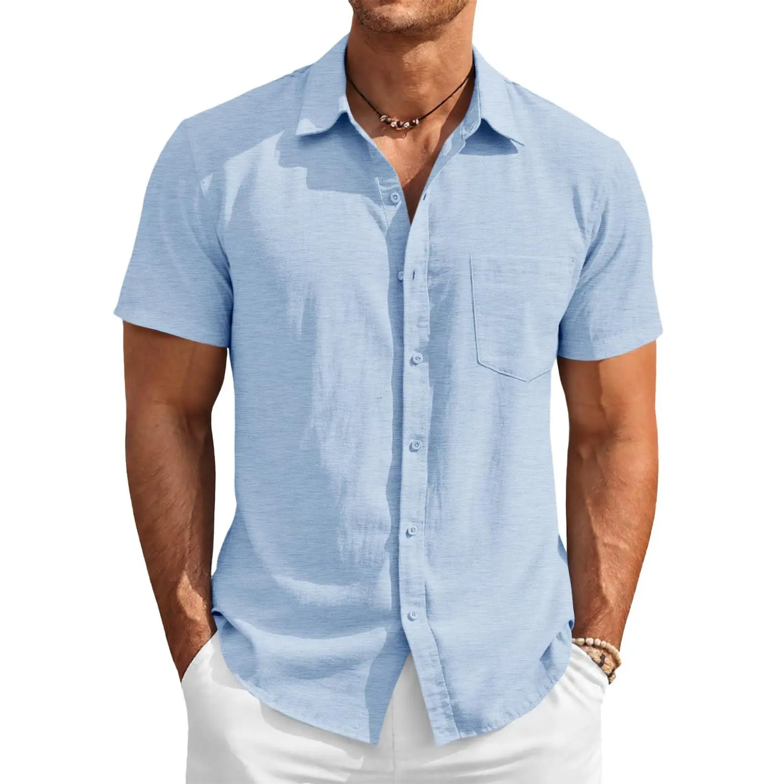 Runcati Mens Button Down Linen Shirt Short Sleeve Casual Vacation Shirts Summer Beach Wedding Tops with Pocket Shortsleeve