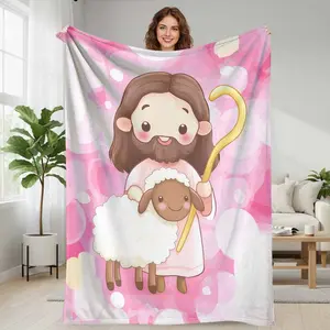 Cartoon Shepherd and Lamb Flannel Blanket  Cute Pastoral Animal Print Pattern  Soft Warm Lightweight Cozy Throw  Ideal for Sofa Bedroom Office Gift Holiday Church Relaxing Moments summerwins