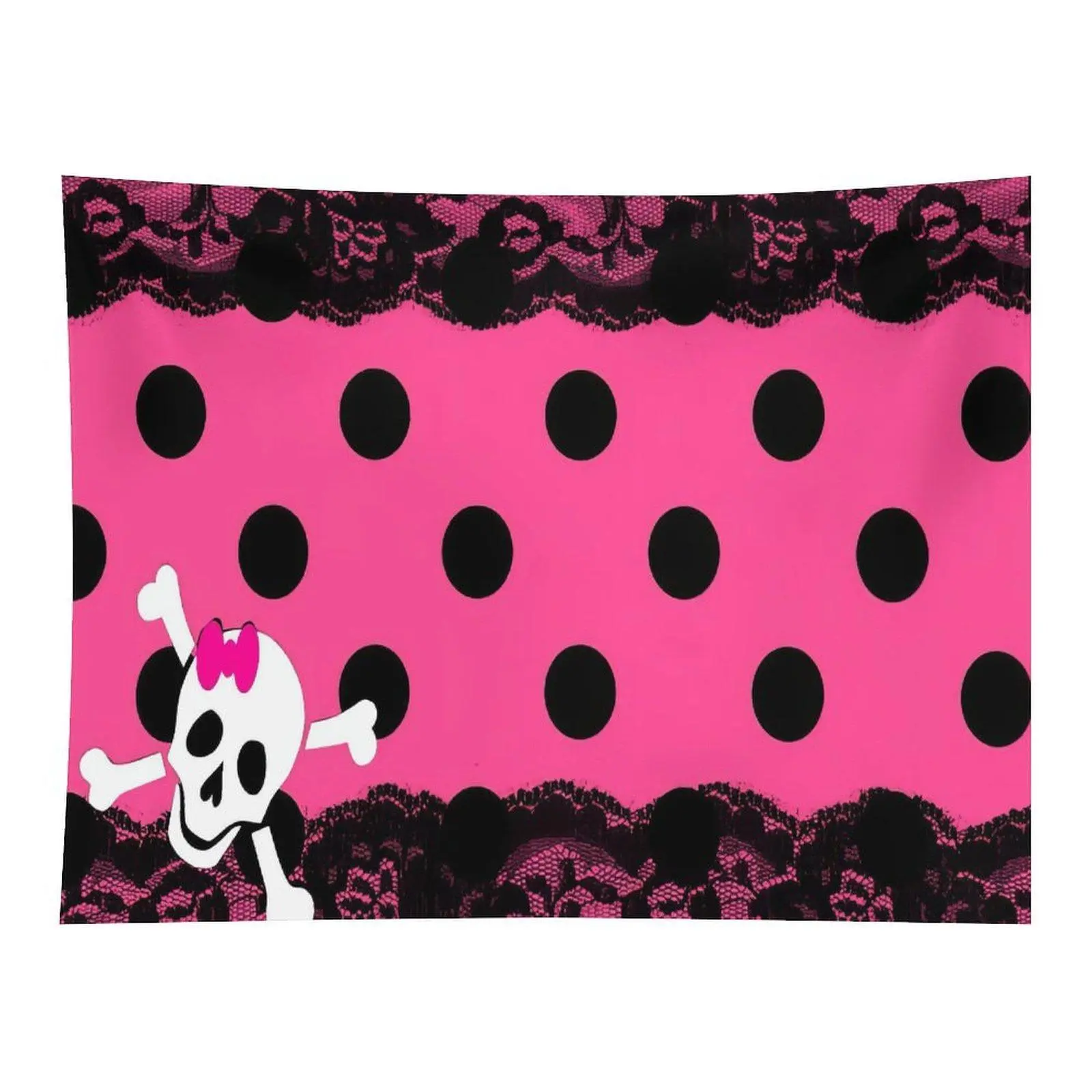 Pink Polka Dot Bow Skull Lace Border Tapestry, Cute Gothic Cartoon Skeleton Home Wall Decor, Room Decor Tapestry