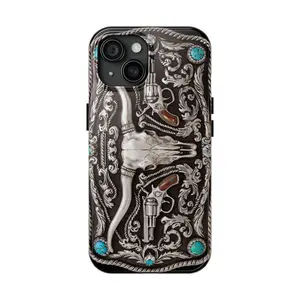 Western Tough Phone Case - Silver Engraved Belt Buckle - Longhorn, Turquoise, and Diamonds - For iphone 17 promax case air 16 plus 15 promax 14 pro 13max 12 11 Samsung S25 S24 S23 Ultra Fe Protection Smartphone
