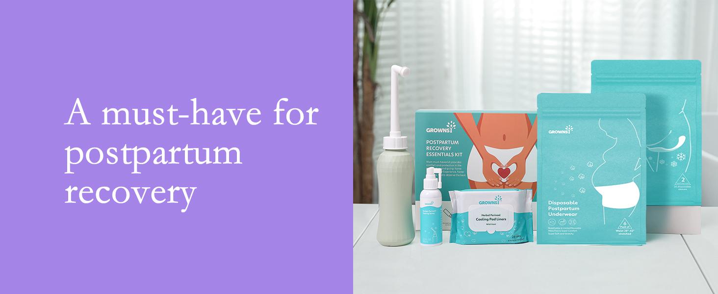 Grownsy Postpartum Essentials Recovery Kit, Labor Delivery Mom Care Set, Includes Upside Down Peri Bottle, Perineal Spray, Cooling Pad Liners, Ice Packs & Disposable UnderwearKit