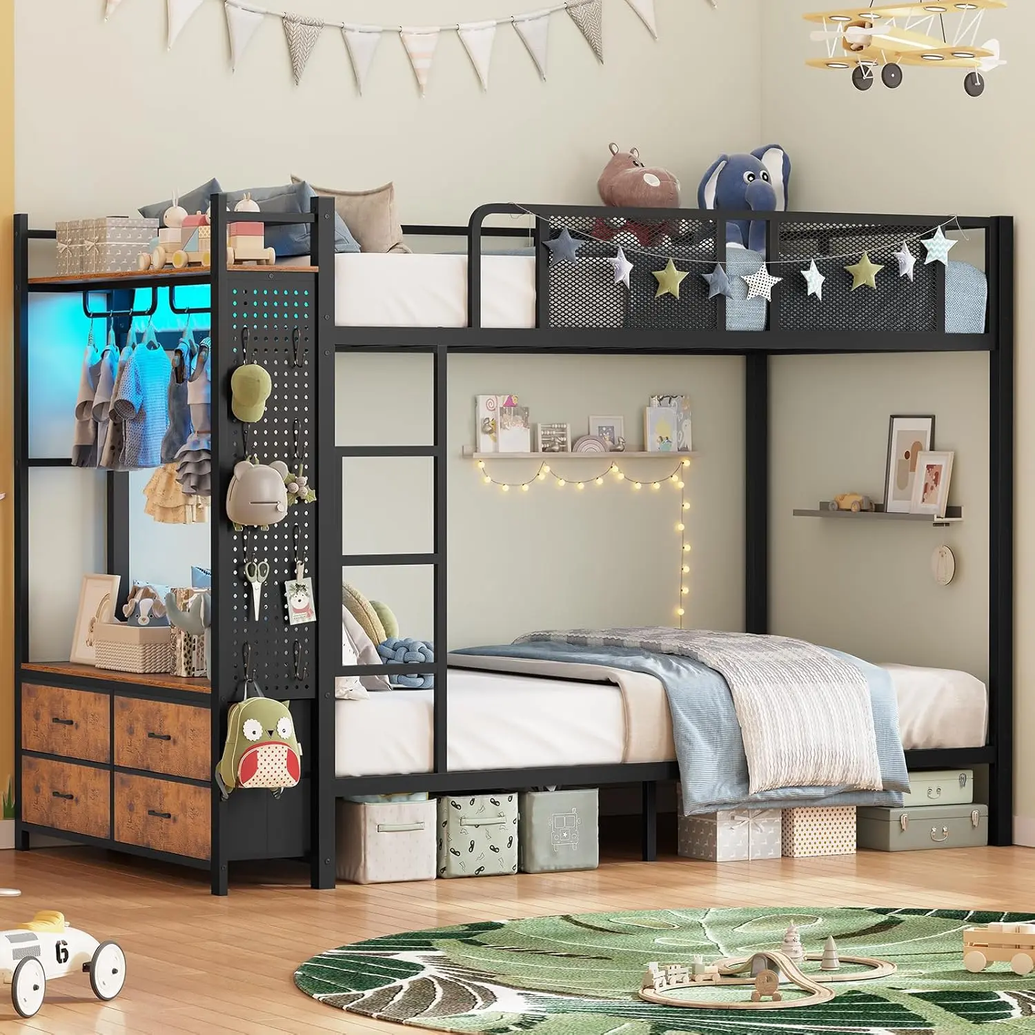 Itaar Metal Bunk Bed Twin Over Twin with Hall Tree, Power Outlet, LED Bunk Bed with 4 Storage Drawers, Bed with Safety Guardrail & Ladders, No Box Spring Needed, Easy Assembly