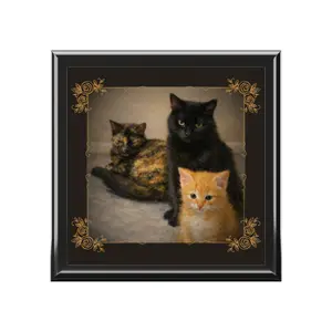 Cat Family Jewelry Box — Decorative Keepsake Box with Black, Tortoiseshell & Orange Kitten Art
