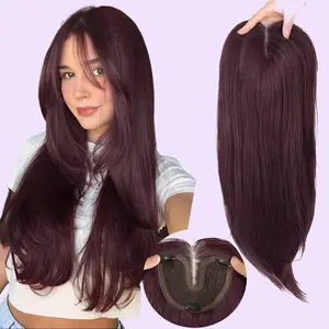 Wine Red with Purple Tones Synthetic Hair Toppers for Women with Thinning 3D 360° Cover Clip in Wispy Bangs Upgraded Adjustable Bandage 24 Inch Long Layered