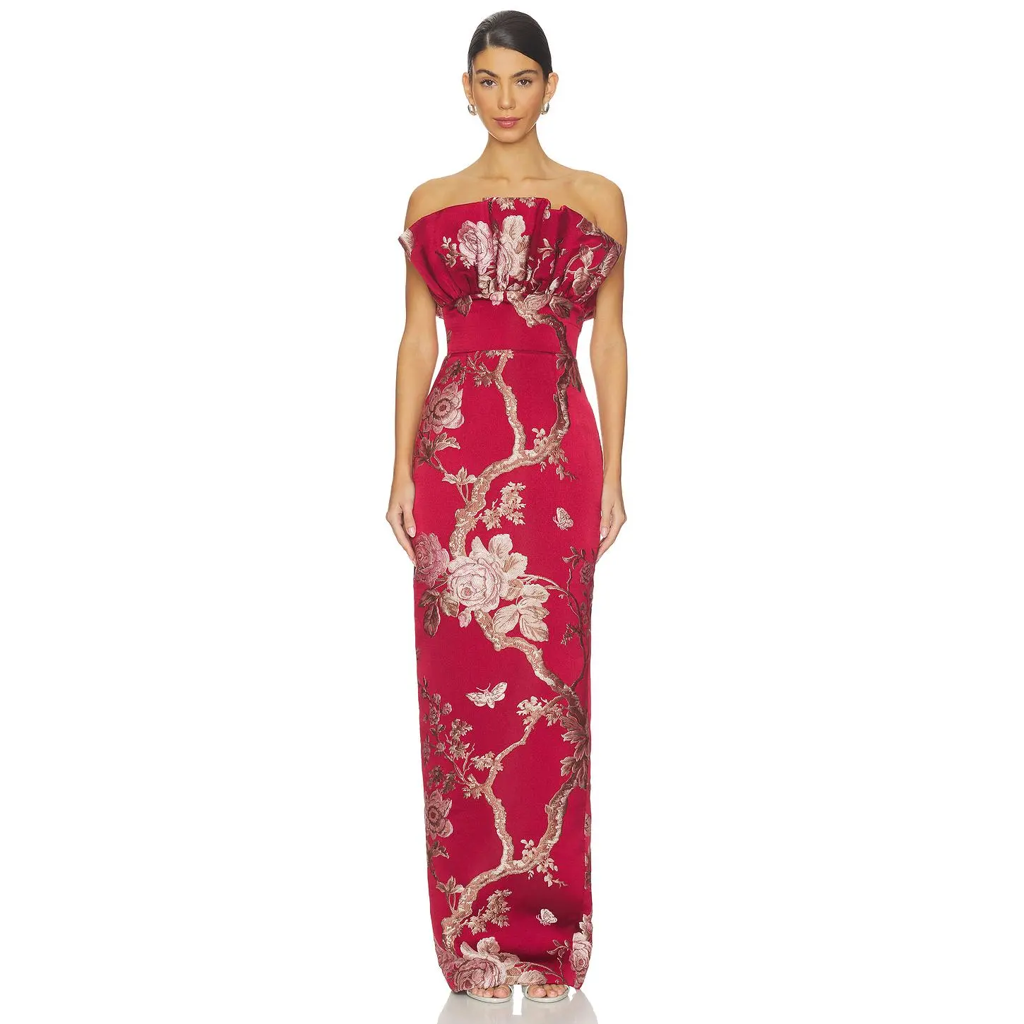 SAU LEE Noah Brocade Gown in Red Sangria