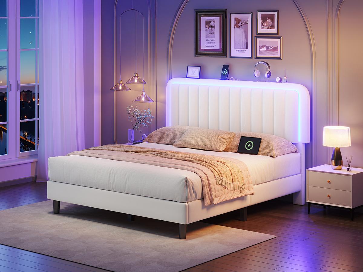 TryLazy Modern Bed Frame with RGB LED Lights No Mattress Luxury Velvet Headboard 1 USB 1 Type-C Charging Ports Smart APP Remote Control No Box Spring Full Queen Size