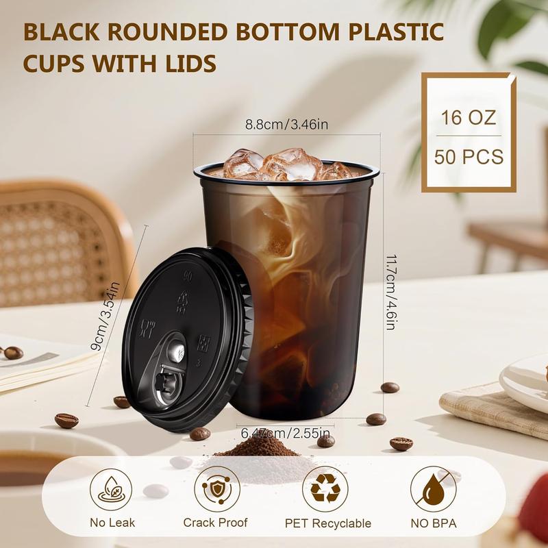 ZAKA MY KITCHEN 50 Pack 16oz Black Plastic Cups with Lids, Disposable Round Bottom Stemless Glasses with Sip Lids, To Go Iced Coffee Drinking Cups for Halloween Party Wedding Catering Events