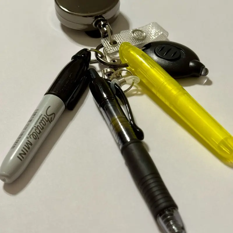 Badge Reel Accessory Set with Sharpie Mini, pen, light, and highlighter with heavy duty badge reel