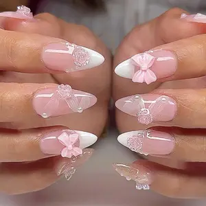 French Press on Nails Pink Medium, 3D Flower Fake Nails Almond Acrylic False Nails White,Artificial Nails for Women and Girls 24pcs